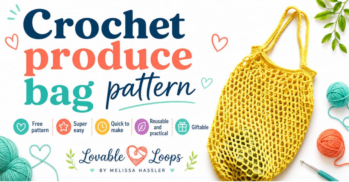 Yellow crochet produce bag on a white marble kitchen island with fresh fruit, tomatoes, basil, and a bowl of citrus arranged around it.