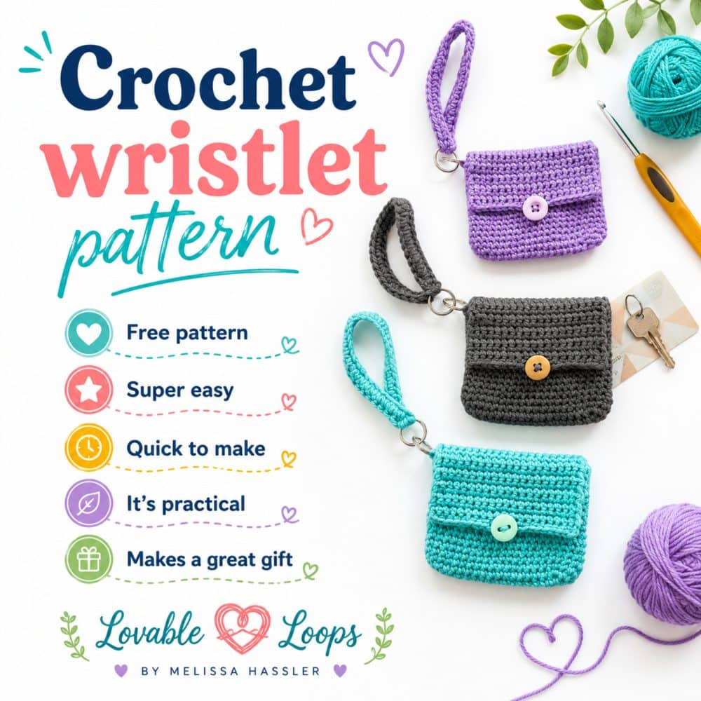 Crochet wristlet pattern graphic with three handmade wristlet pouches in purple, gray, and teal on a white background.