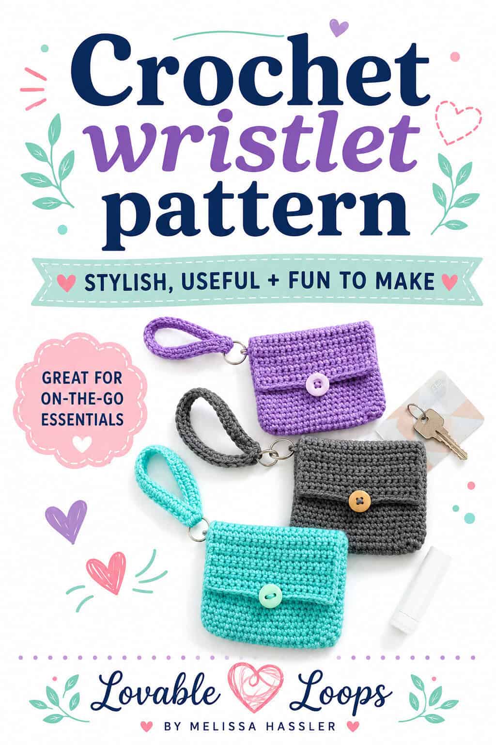 Crochet wristlet pouch for gifts and craft fairs with three small button-flap pouches in different colors.
