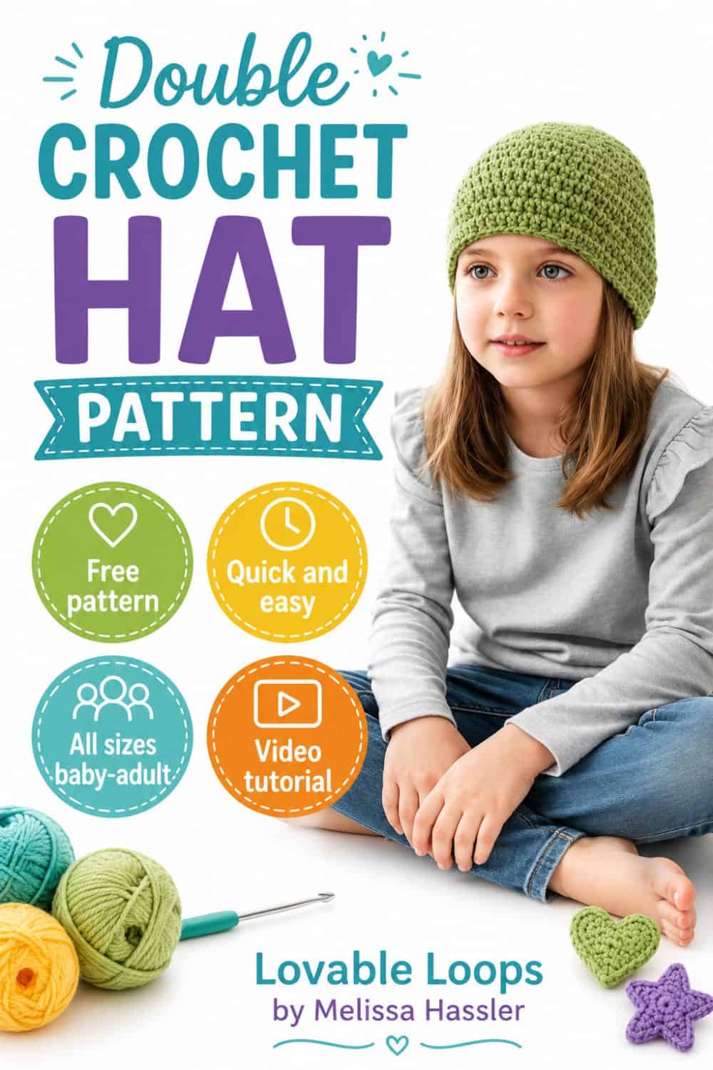 Girl wearing a sage green crochet beanie in a bright neutral room.