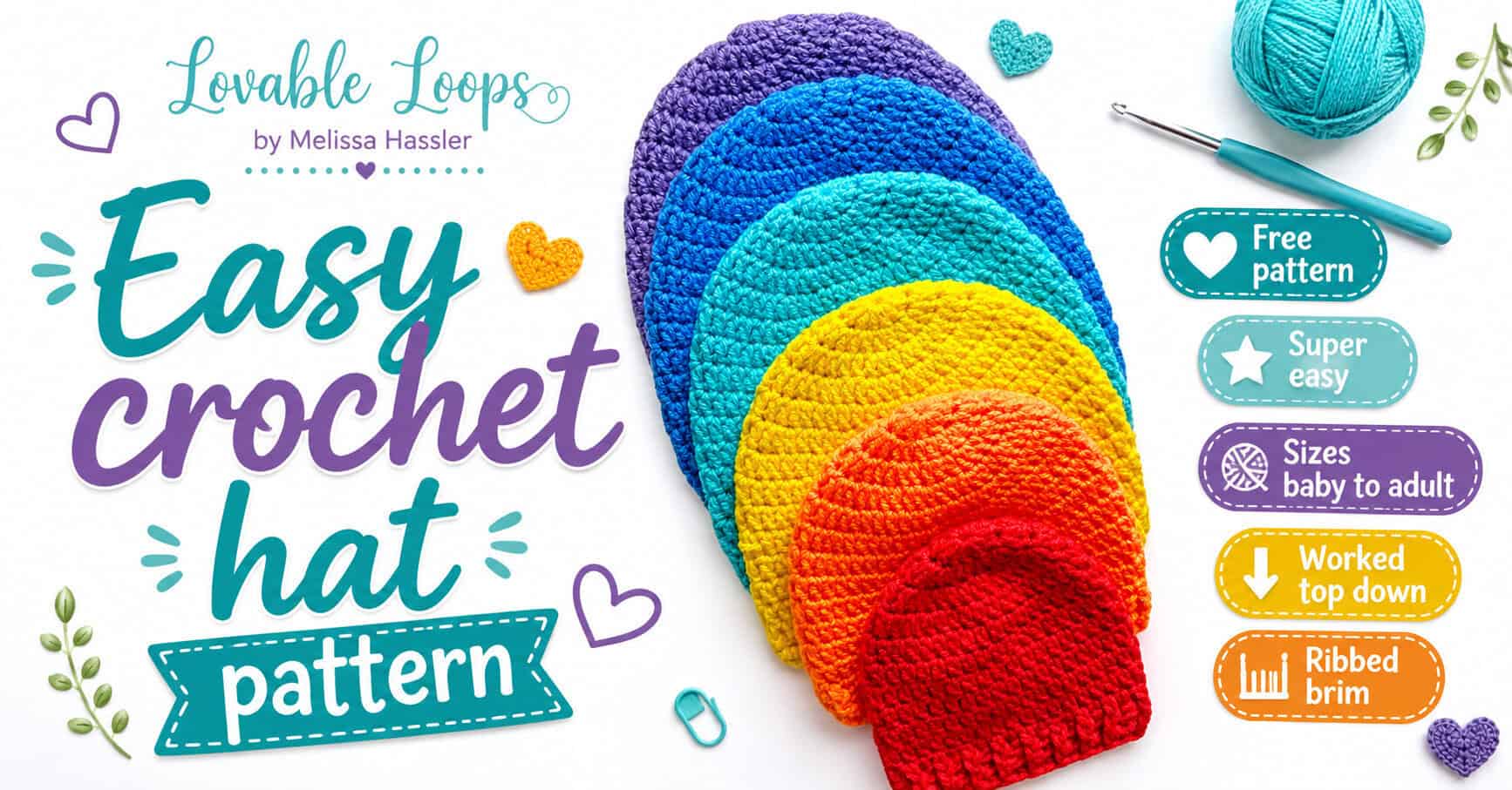 easy crochet hat pattern, showing colorful crochet beanies in baby to adult sizes with ribbed brims.
