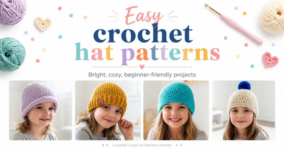 Featured image for easy crochet hat patterns showing four children wearing handmade crochet hats in pastel, yellow, teal, and cream colors with yarn and crochet hook accents.