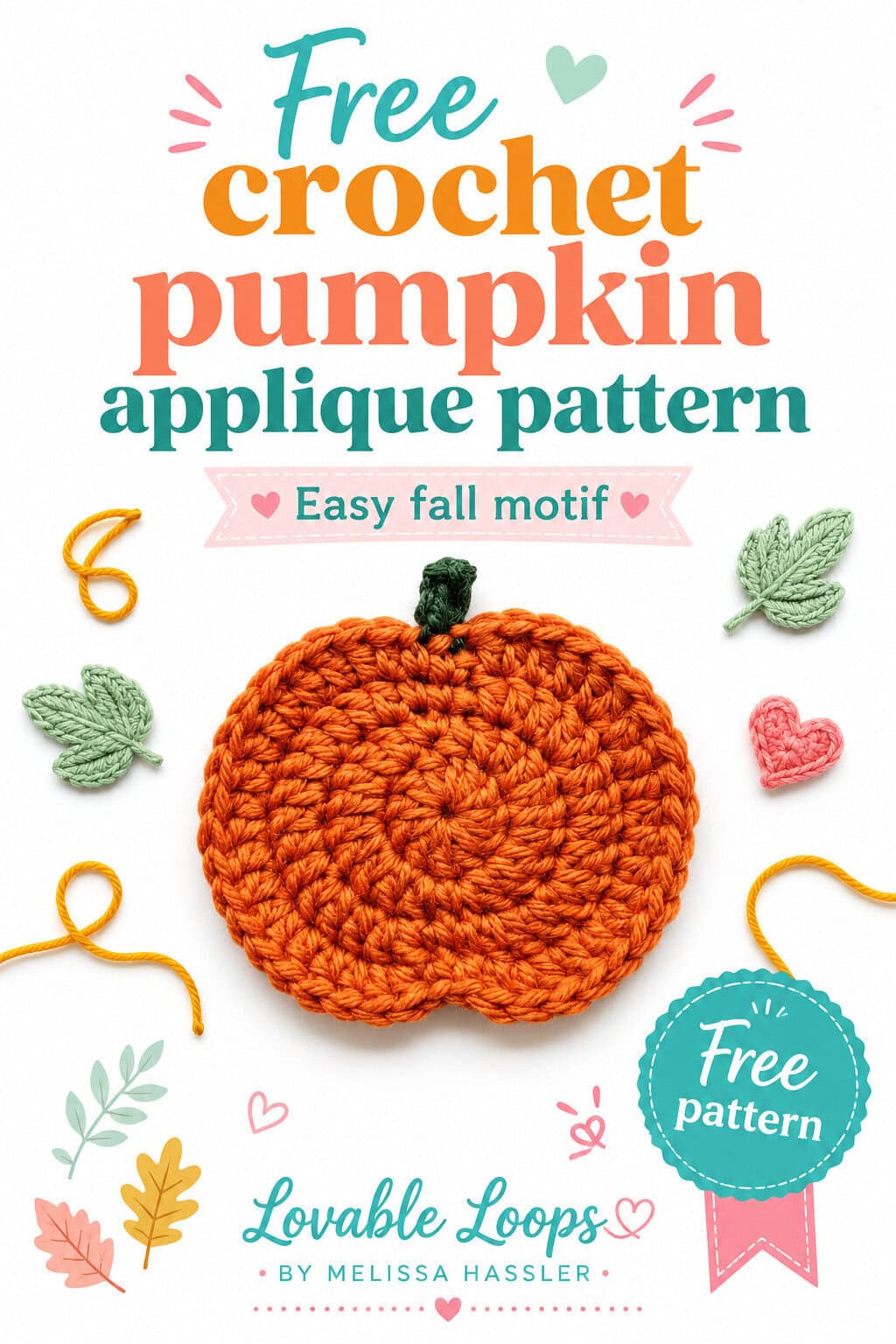 Orange crochet pumpkin applique with a small green stem on a white desktop with crochet tools and yarn.