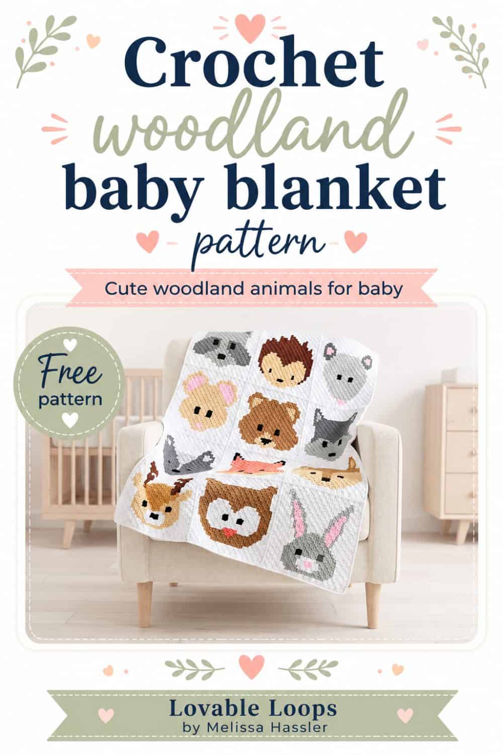 C2C crochet woodland baby blanket with forest animal panels including fox, bear, bunny, deer, owl, and raccoon.