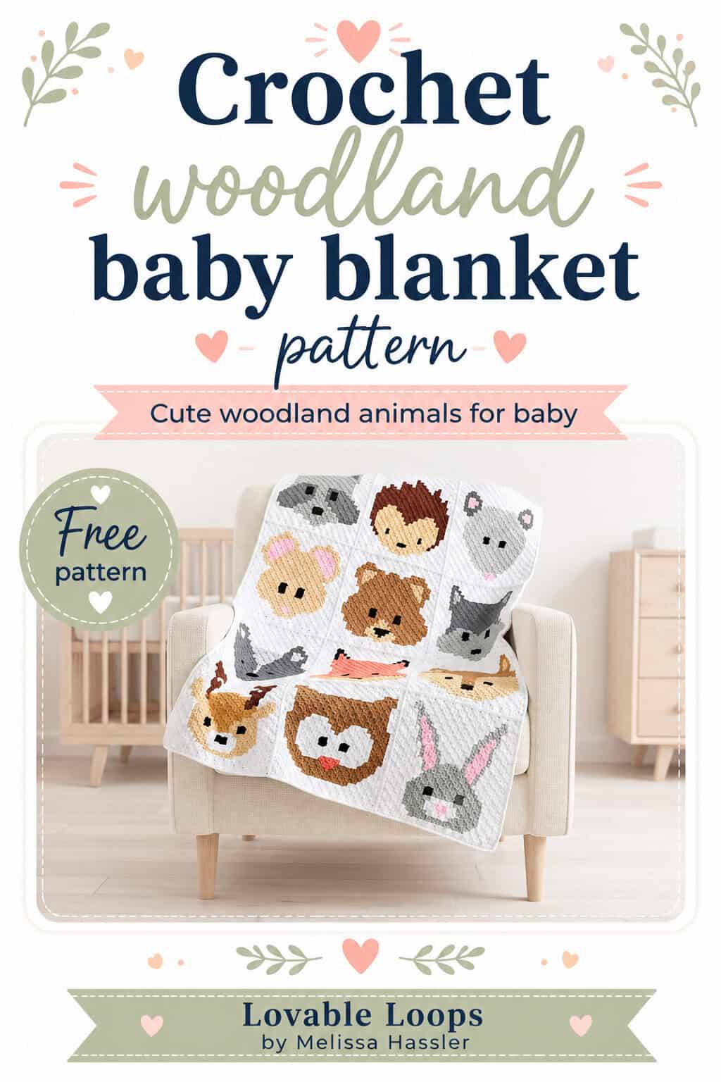 C2C crochet woodland baby blanket with forest animal panels including fox, bear, bunny, deer, owl, and raccoon.