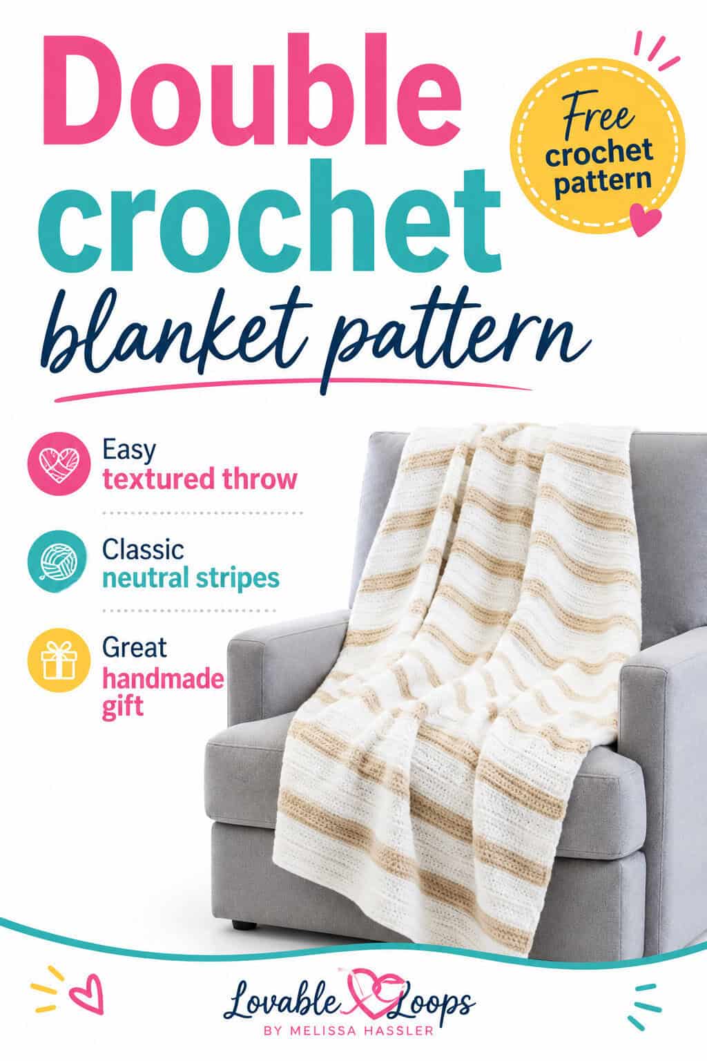 Free easy double crochet blanket pattern with white and tan stripes and soft back loop texture.