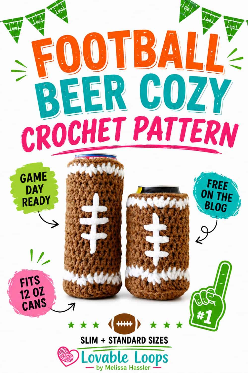 Game day crochet can cozy pattern with brown football cozies, white stitched laces, and slim and standard cans.