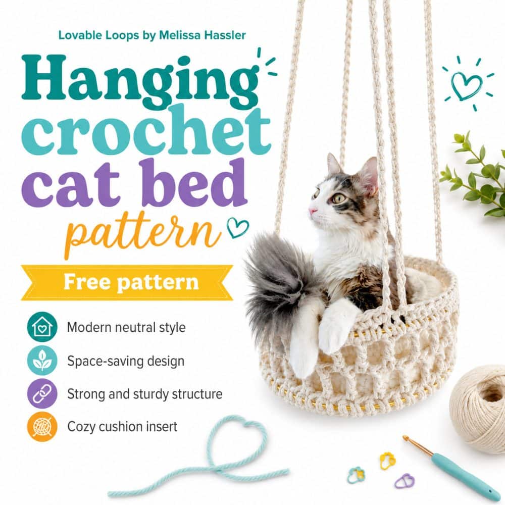 Square graphic for a hanging crochet cat bed pattern showing a fluffy cat relaxing in a neutral rope-style hanging cat bed with a cozy cushion insert. The bright white design includes callouts for free pattern, modern neutral style, space-saving design, strong and sturdy structure, and Lovable Loops by Melissa Hassler branding.