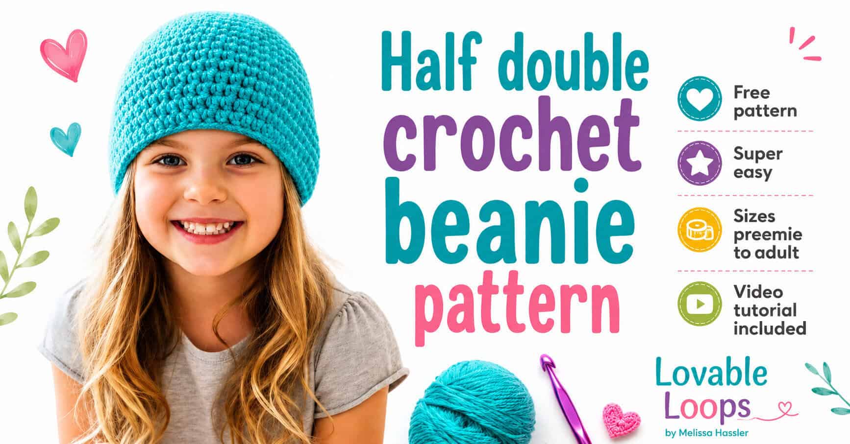 Girl wearing a blue half double crochet beanie made with simple stitches and a classic top-down shape.