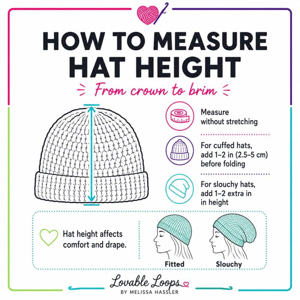 Infographic showing how to measure crochet hat height from the crown to the brim, with tips for cuffed hats, slouchy hats, and fitted beanies.