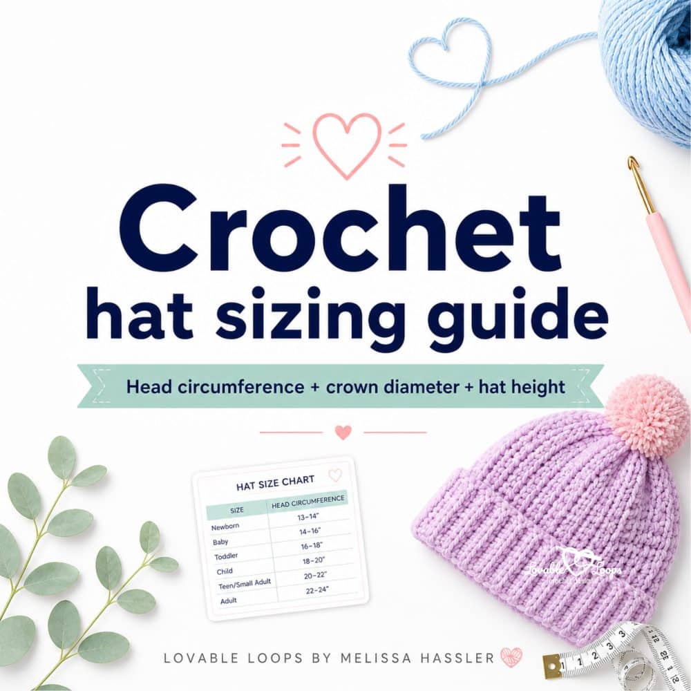 Crochet hat sizing guide square graphic with a purple crochet beanie, hat size chart, measuring tape, yarn, crochet hook, and text about head circumference, crown diameter, and hat height.