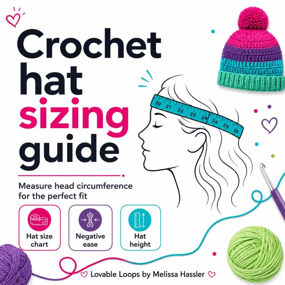 Square crochet hat sizing guide graphic with a head circumference measuring tape, colorful crochet beanie, yarn, and hat fit tips.