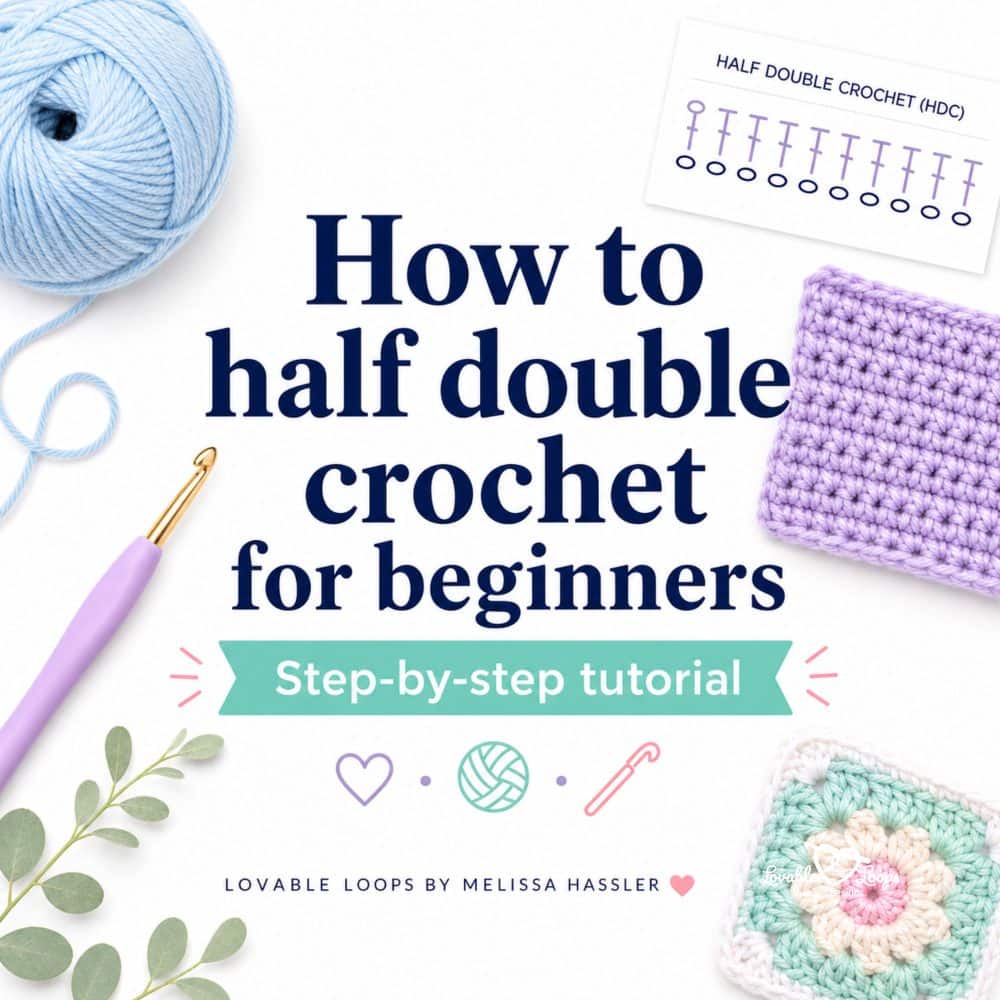 How to half double crochet for beginners square image with blue yarn, purple crochet hook, stitch symbol chart, and purple crochet swatch.