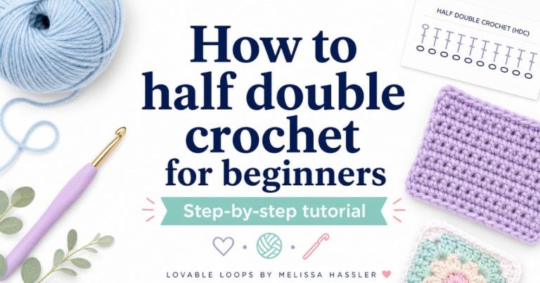 How to half double crochet for beginners featured image with yarn, crochet hook, purple crochet swatch, and step-by-step tutorial text.