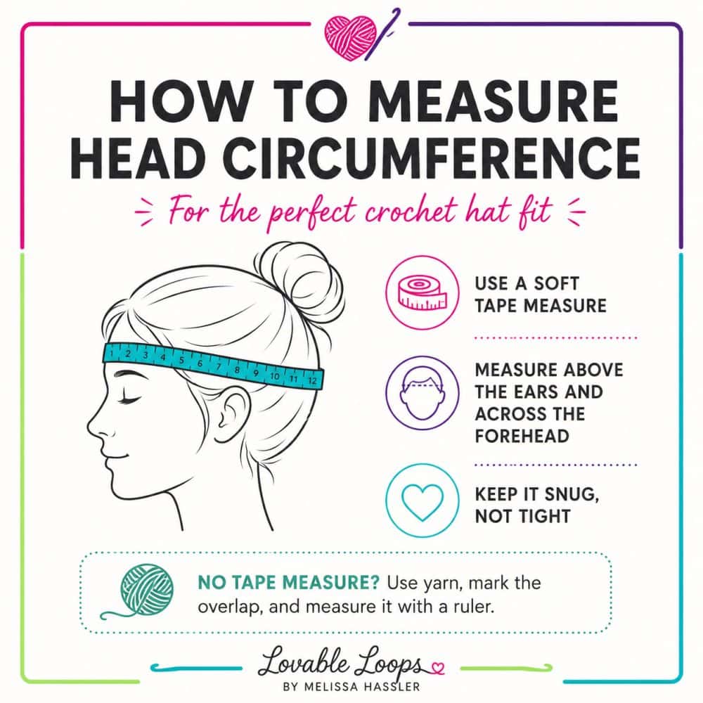 Infographic showing how to measure head circumference for a crochet hat using a soft tape measure above the ears and across the forehead.