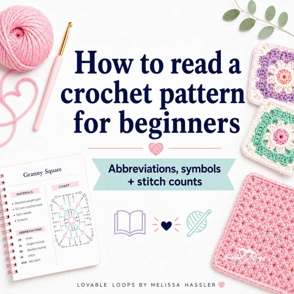 How to read a crochet pattern for beginners square image with yarn, crochet hook, granny squares, and crochet pattern notebook.