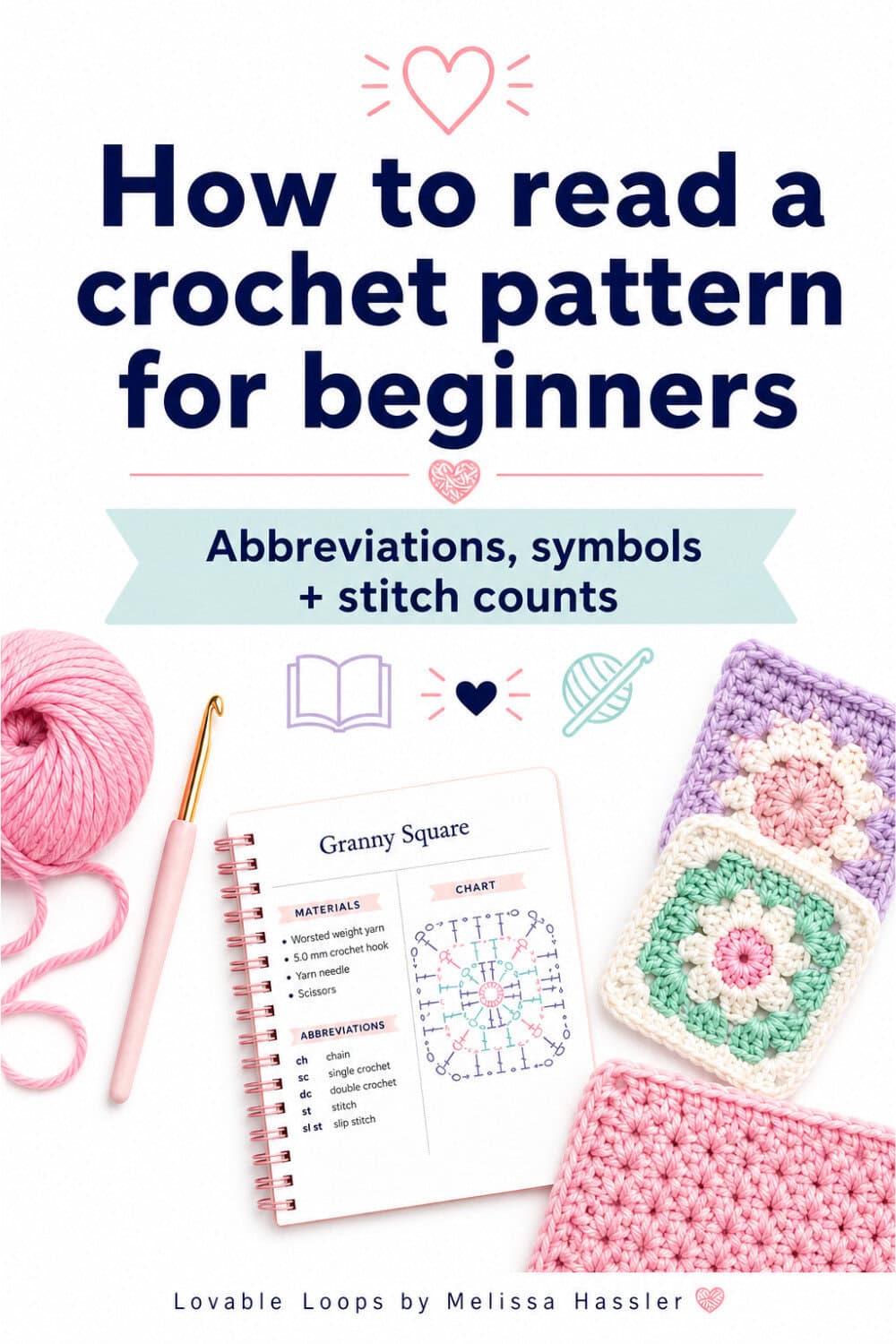 How to read a crochet pattern for beginners Pinterest pin with yarn, crochet hook, granny squares, and a crochet pattern notebook.