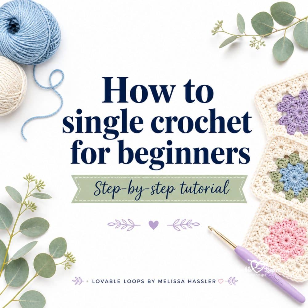 How to single crochet for beginners square image with blue yarn, crochet hook, pastel granny squares, and step-by-step tutorial text.