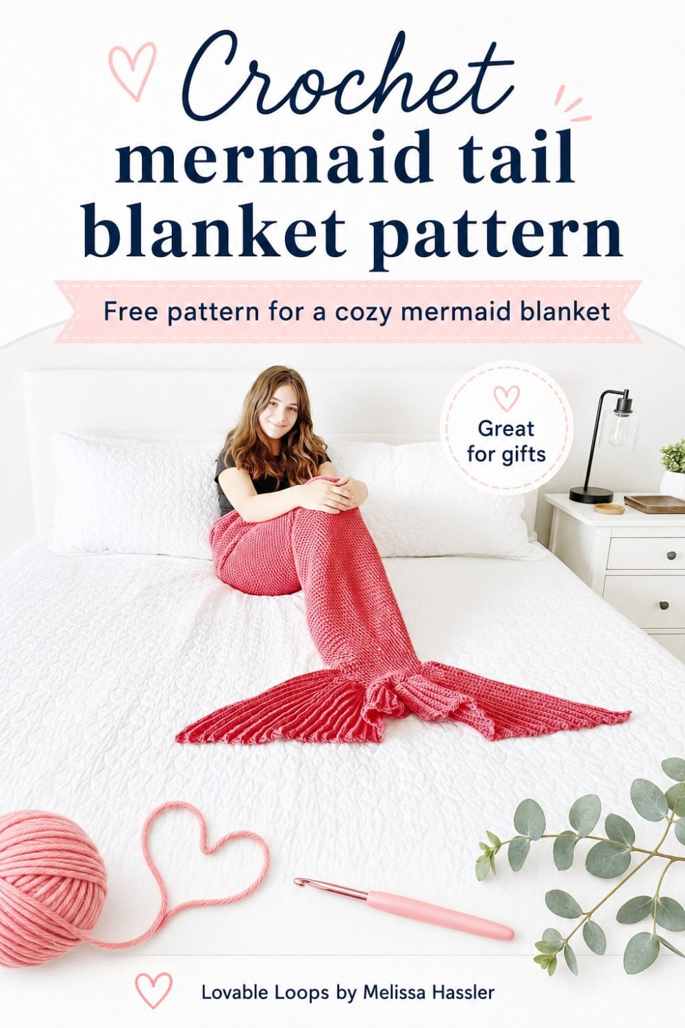 Pinterest pin for a free crochet mermaid tail blanket pattern, showing a girl wrapped in a pink mermaid tail blanket on a white bed.