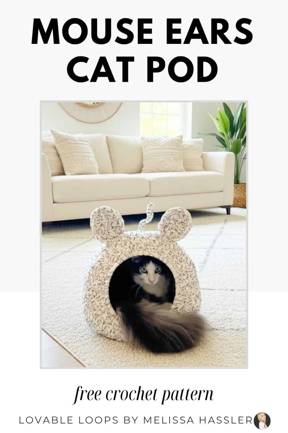 Pinterest pin for a free mouse ears cat pod crochet pattern, showing a black and white cat inside a mouse-shaped crochet cat cave.