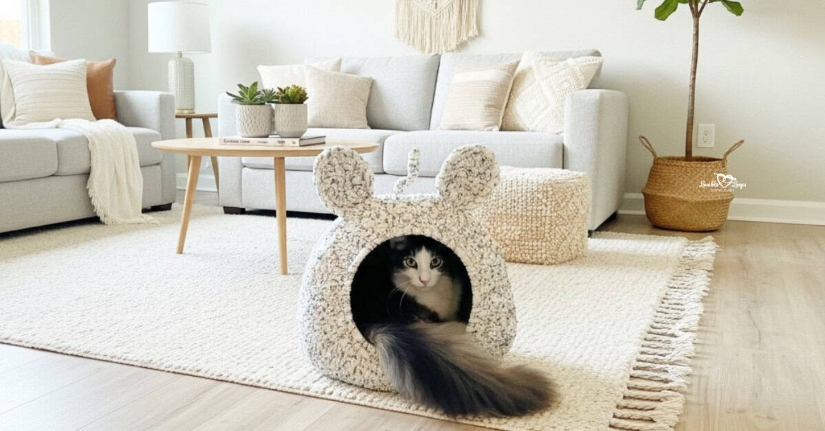 Cream speckled mouse ears crochet cat pod with a black and white cat peeking out in a cozy modern living room.