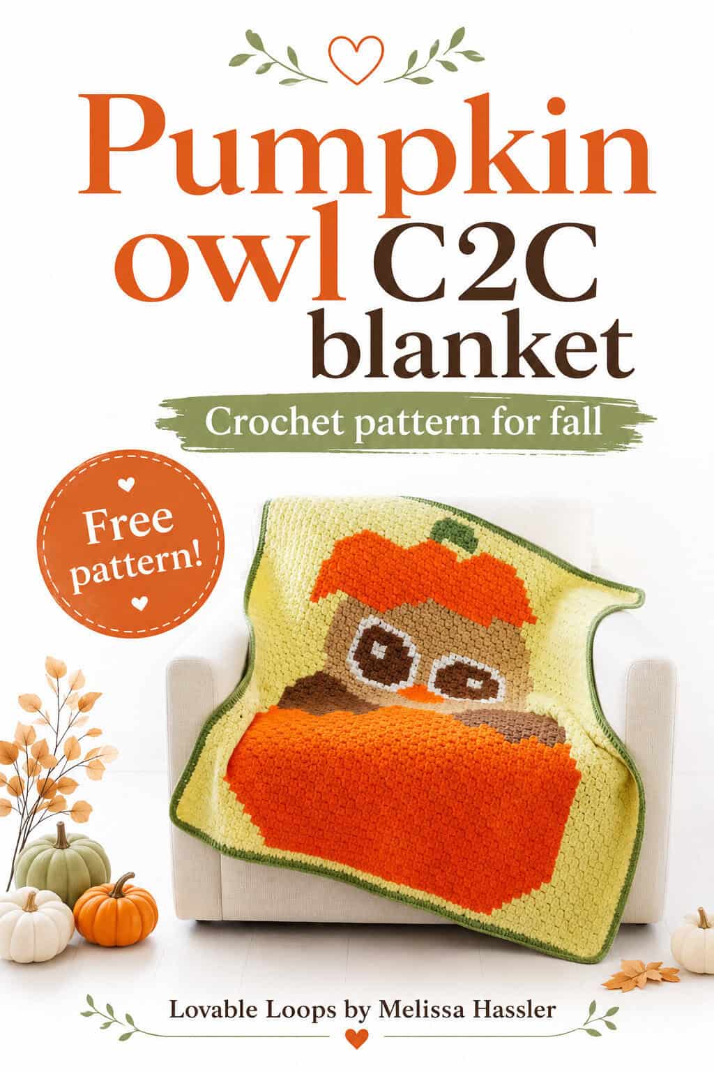 Pinterest pin for a free pumpkin owl C2C blanket crochet pattern, showing an orange pumpkin owl blanket on a chair with fall pumpkins and autumn decor.