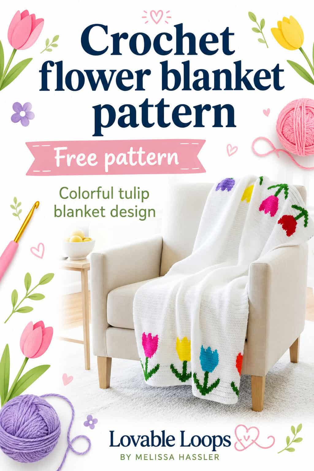 Colorful crochet flower blanket with bright tulips worked in tapestry crochet on a light background.