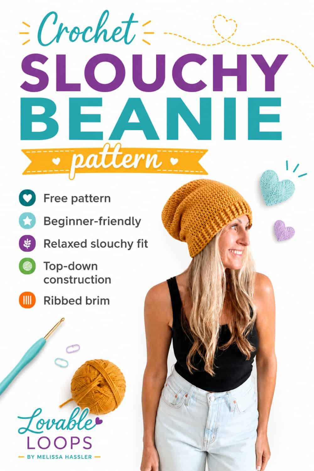 Woman wearing a mustard yellow crochet slouchy beanie with a ribbed brim, featured in a quick and easy free crochet pattern for beginners.
