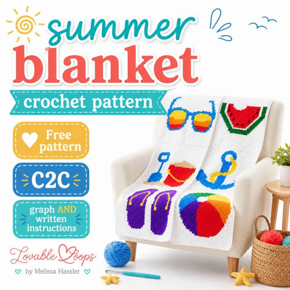 Square graphic for a summer blanket crochet pattern showing a white C2C blanket with colorful summer motifs draped over a chair, with callouts for free pattern, C2C, and graph and written instructions.