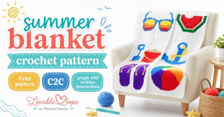 Featured image for a summer blanket crochet pattern featuring a bright white C2C crochet blanket with beach and summer designs, plus yarn, a crochet hook, and Lovable Loops branding.