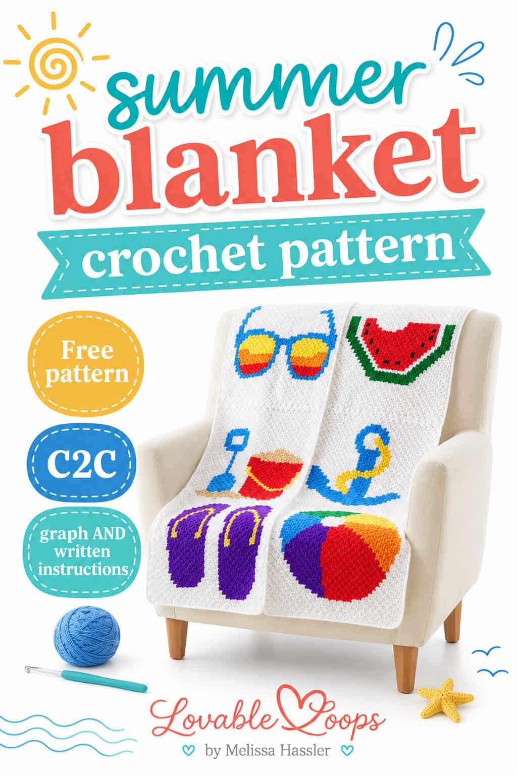 Pinterest pin for a summer blanket crochet pattern featuring a white C2C crochet blanket with beach-themed designs, including sunglasses, watermelon, a sand bucket, flip flops, and a beach ball.