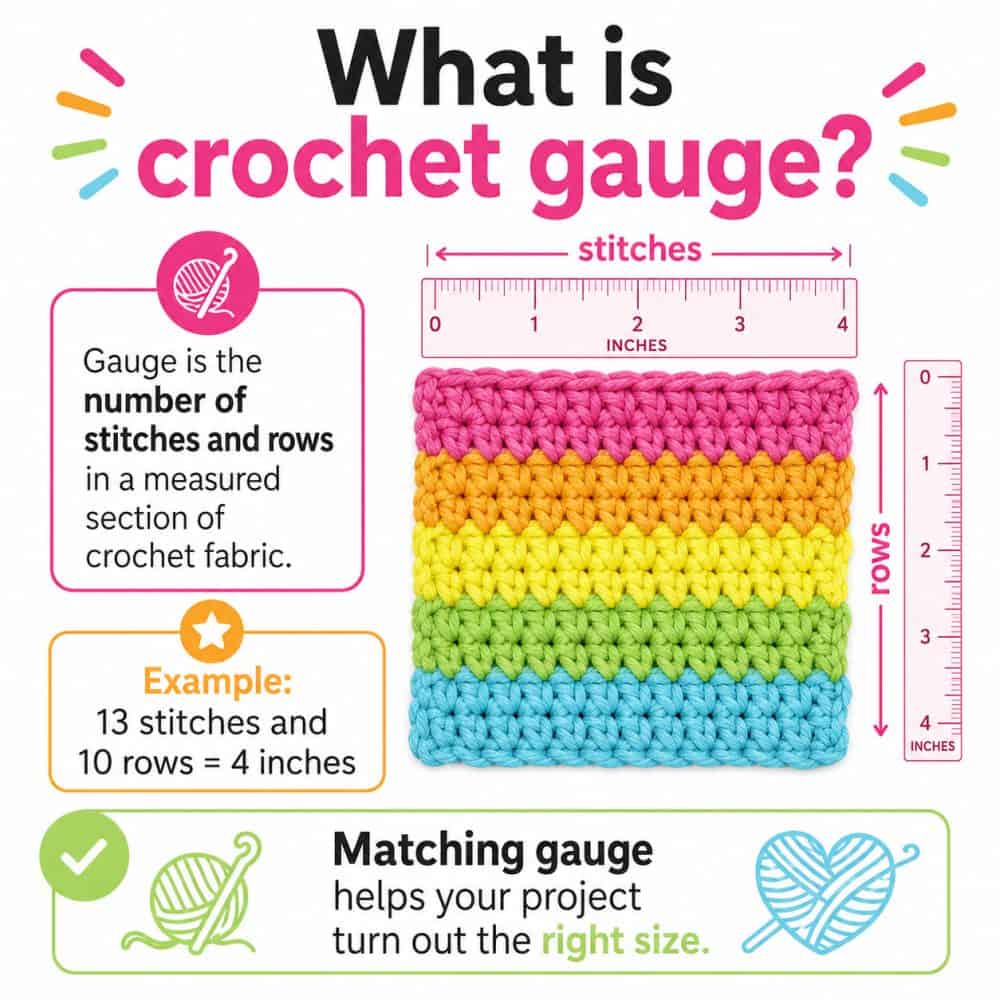 Infographic explaining crochet gauge with a colorful crochet swatch, rulers showing stitches and rows, and text defining gauge as the number of stitches and rows in a measured section of crochet fabric.