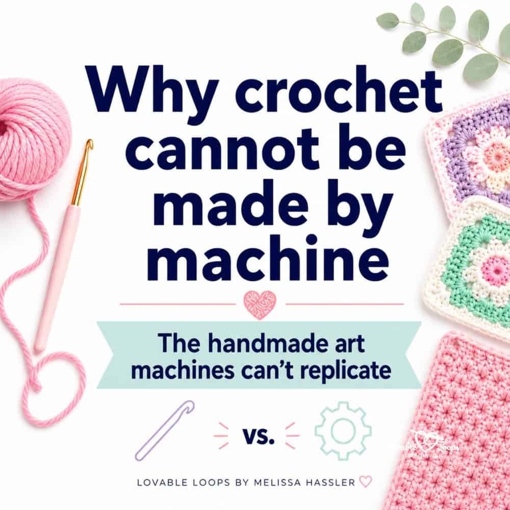 Why crochet cannot be made by machine square image with yarn, crochet hook, crochet squares, and text explaining that handmade crochet cannot be replicated by machines.