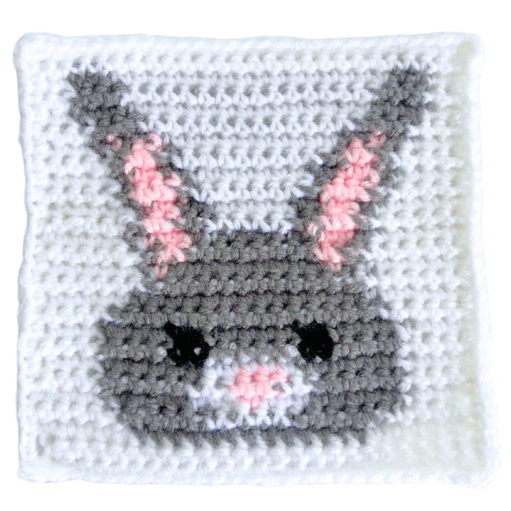 Gray bunny crochet square with pink ears and nose, black eyes, and a white crochet background.
