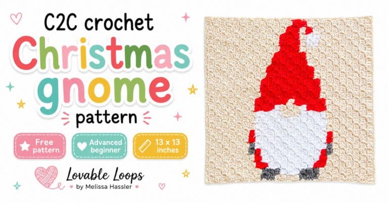 White featured image for a C2C crochet Christmas gnome pattern with colorful title text on the left, a crochet gnome square on the right, and callouts that say free pattern, advanced beginner, and 13 x 13 inches.