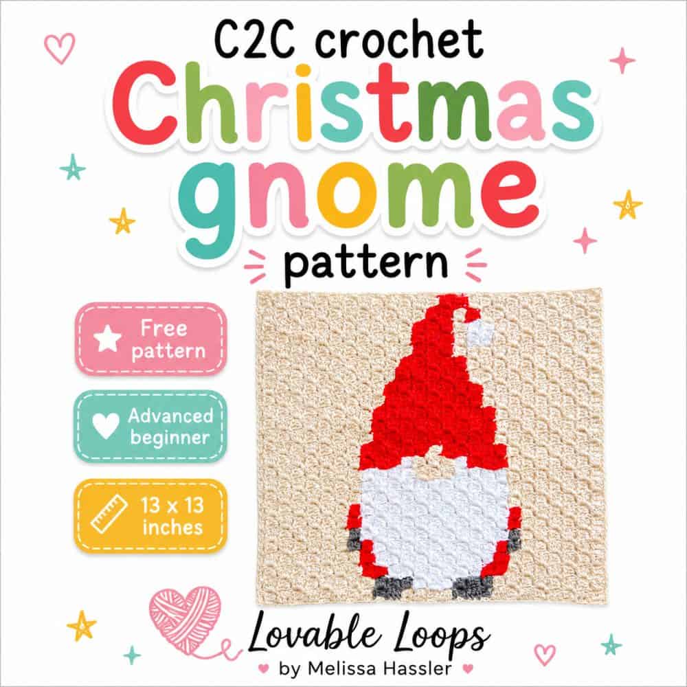 Colorful square graphic for a C2C crochet Christmas gnome pattern featuring a red and white gnome square, bright festive title text, and callouts for free pattern, advanced beginner, and 13 x 13 inches.
