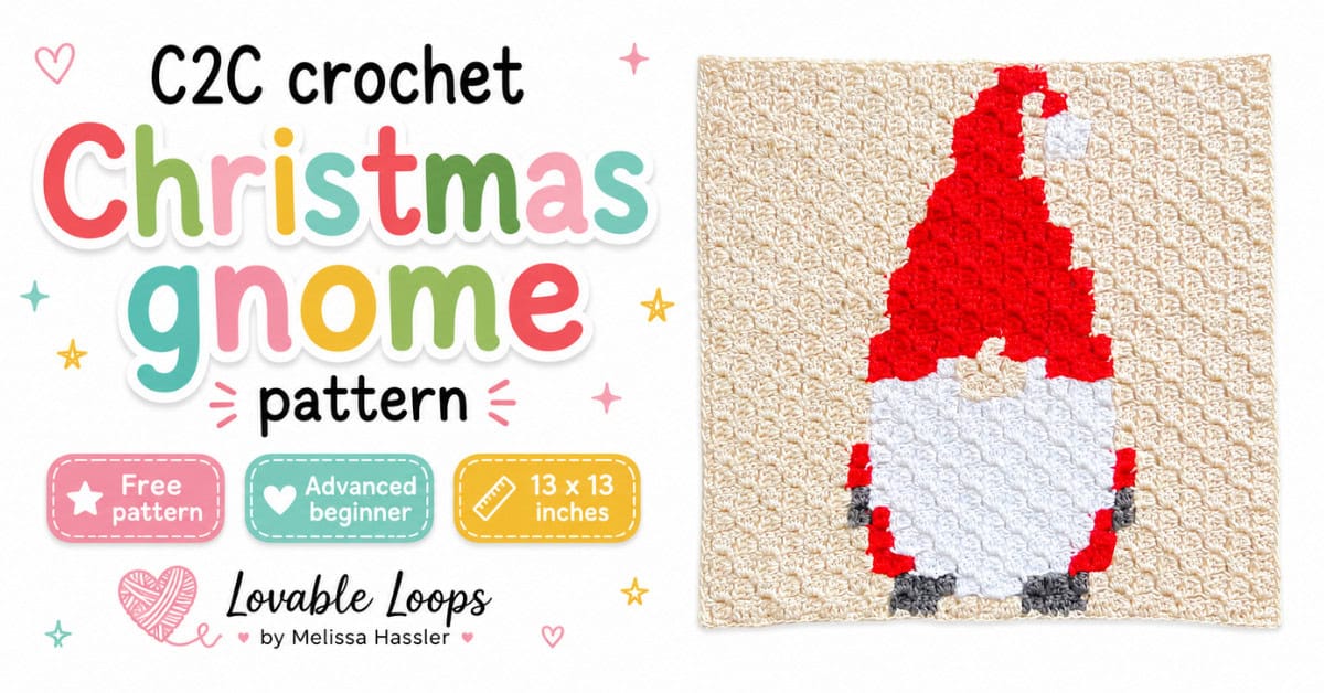 White featured image for a C2C crochet Christmas gnome pattern with colorful title text on the left, a crochet gnome square on the right, and callouts that say free pattern, advanced beginner, and 13 x 13 inches.