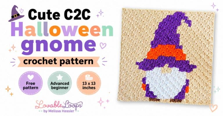 Bright white featured image for a Cute C2C Halloween gnome crochet pattern, showing a crochet gnome square on the right with a purple wizard hat and orange accents, plus text callouts for free pattern, advanced beginner, and 13 x 13 inches, branded Lovable Loops by Melissa Hassler.