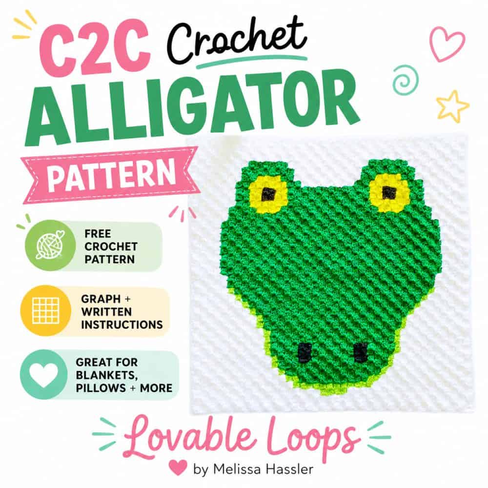 Square graphic for a C2C crochet alligator pattern featuring a green alligator crochet square on a bright white background with callouts for free crochet pattern, graph and written instructions, and great for blankets and pillows.