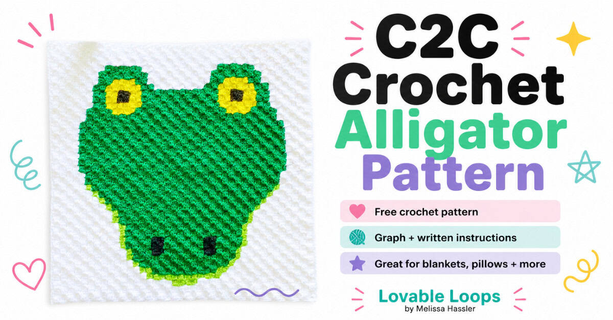 Featured image for a C2C crochet alligator pattern showing a handmade green alligator crochet square on a clean white background with callouts for free crochet pattern, graph and written instructions, and great for blankets, pillows, and more.