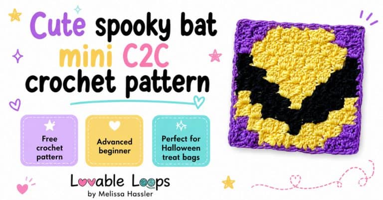 Featured image for a cute spooky bat mini C2C crochet pattern. A black bat crochet square with a yellow moon and purple border is shown on a bright white background with large black, purple, yellow, and pink text. Callouts include free crochet pattern, advanced beginner, and perfect for Halloween treat bags. Branded Lovable Loops by Melissa Hassler.