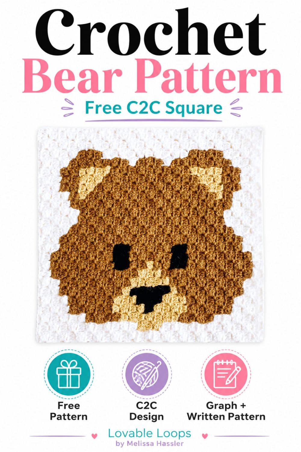 Crochet bear pattern pin featuring a brown C2C bear square with text for free C2C square, free pattern, C2C design, and graph plus written pattern.