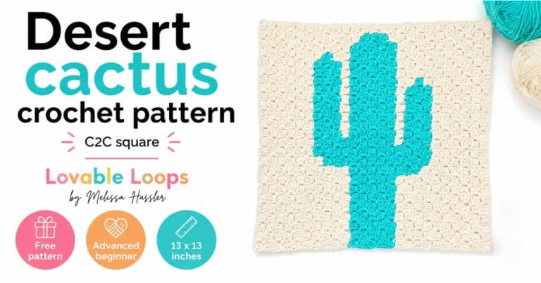 Featured image for a desert cactus crochet pattern with a turquoise C2C cactus square on a white background, colorful Lovable Loops branding, and callouts for free pattern, advanced beginner, and 13 x 13 inches.