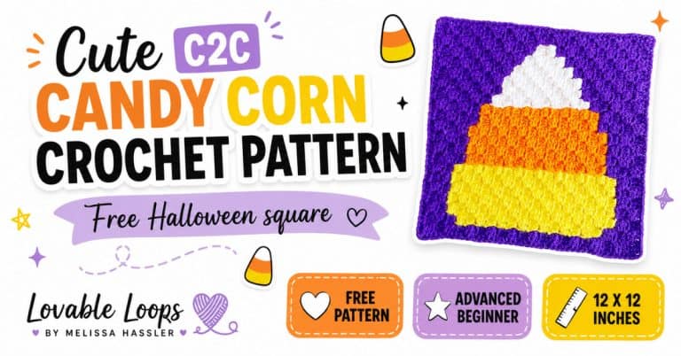 Featured image for a cute C2C candy corn crochet pattern with bold orange, yellow, purple, and black text, a purple candy corn crochet square, and callouts for free pattern, advanced beginner, and 12 x 12 inches.