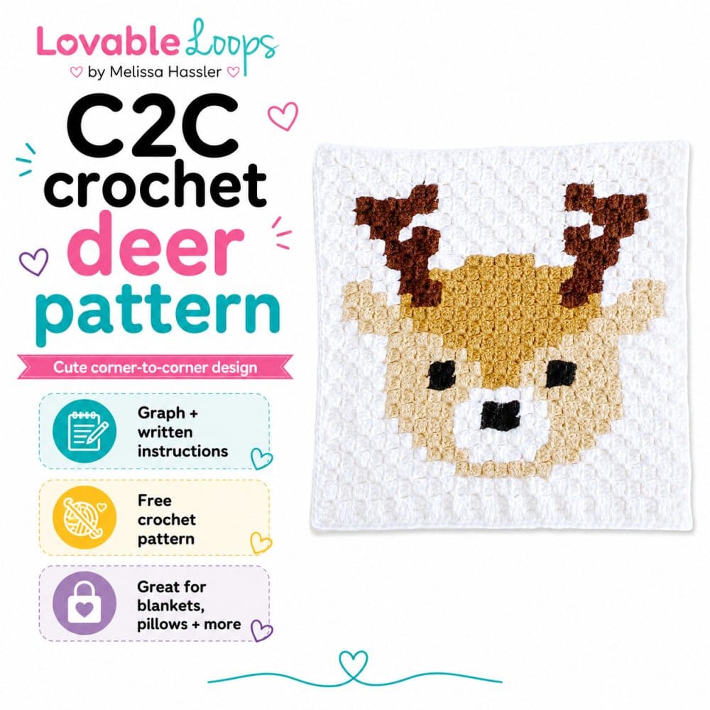 Square graphic for a C2C crochet deer pattern featuring a tan and brown deer face crochet square with antlers on a white background. The clean design includes callouts for graph and written instructions, free crochet pattern, great for blankets and pillows, and Lovable Loops by Melissa Hassler branding.
