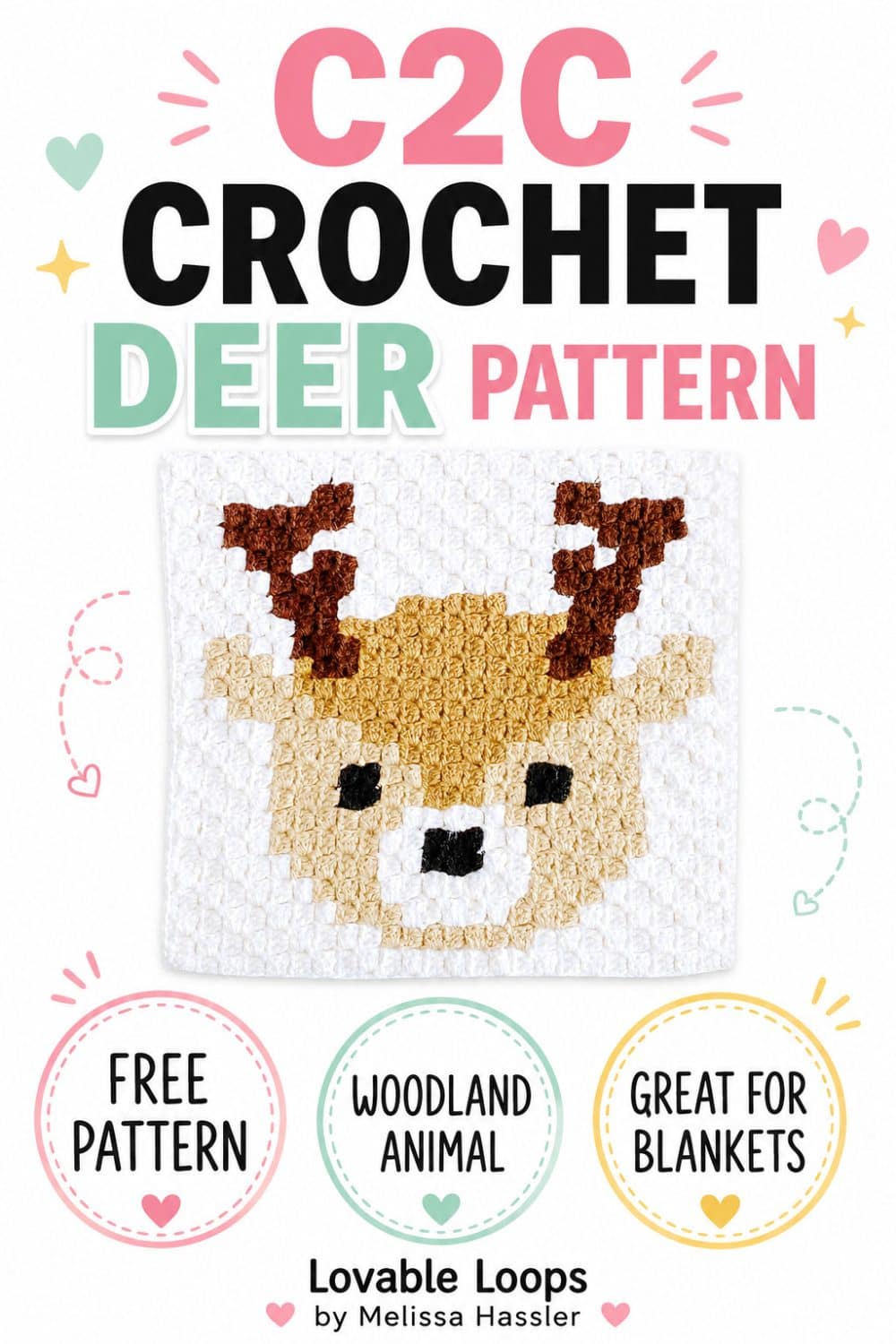Pinterest pin for a C2C crochet deer pattern showing a cute deer face crochet square on a bright white background. The design includes callouts for free pattern, woodland animal, great for blankets, and Lovable Loops by Melissa Hassler branding.