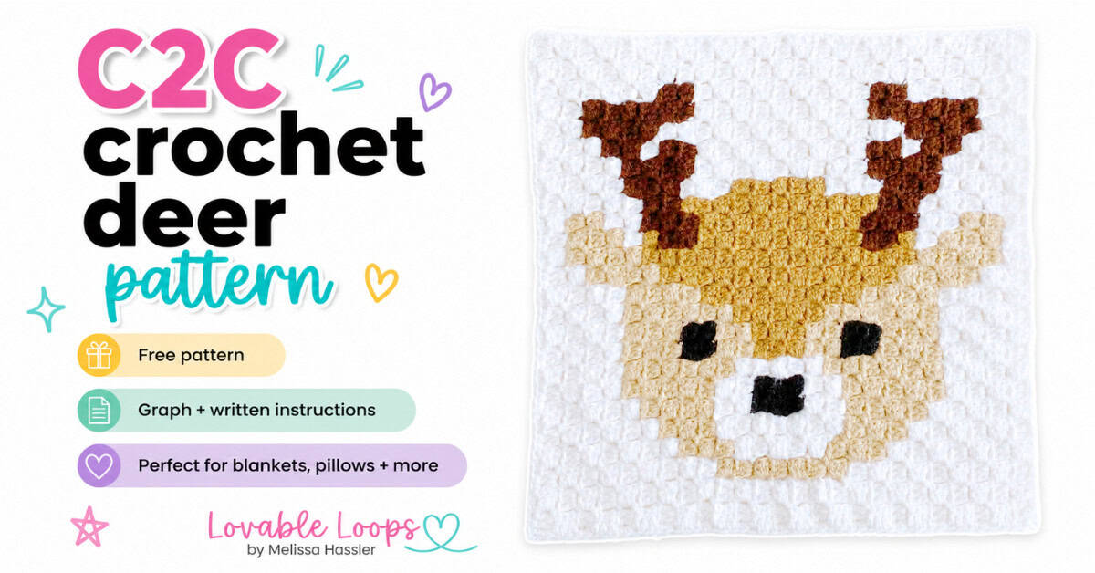 Featured image for a C2C crochet deer pattern showing a handmade deer crochet square with brown antlers, black eyes, and a white background. The graphic includes callouts for free pattern, graph and written instructions, perfect for blankets, pillows, and more, plus Lovable Loops by Melissa Hassler branding.
