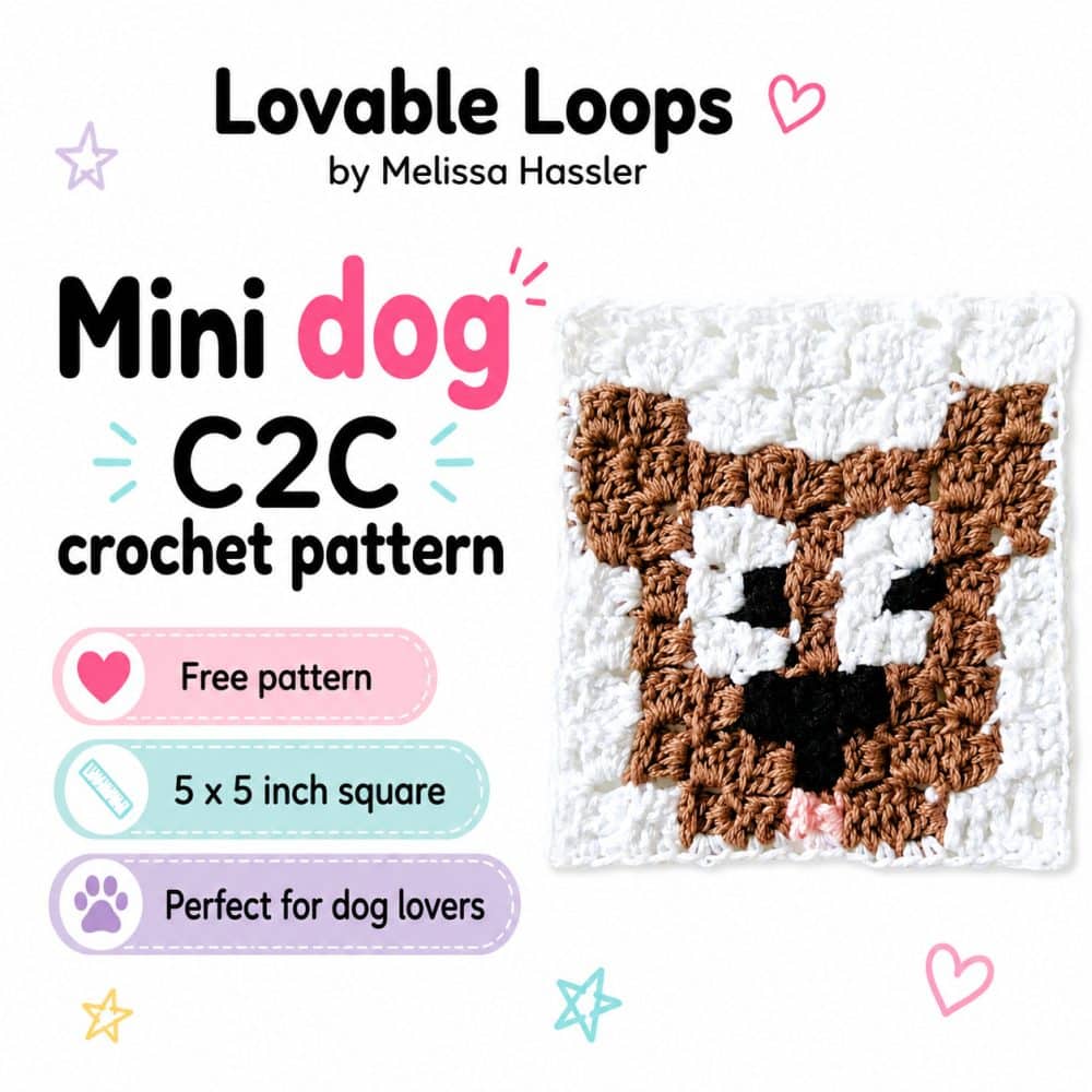 Square graphic for a mini dog C2C crochet pattern. The image shows a brown and white dog face crochet square on a bright white background with pastel pink, aqua, purple, and yellow accents. Callouts include free pattern, 5 x 5 inch square, and perfect for dog lovers. Branded Lovable Loops by Melissa Hassler.