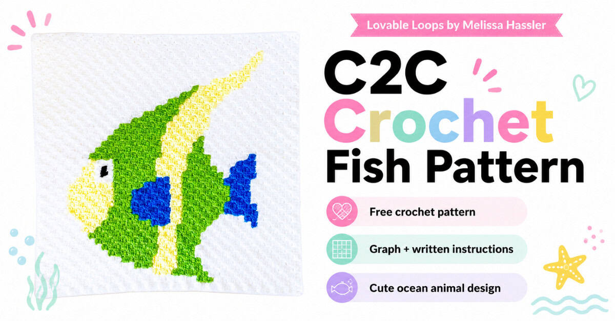 Featured image for a C2C crochet fish pattern showing a handmade fish crochet square on a clean white background with callouts for free crochet pattern, graph and written instructions, cute ocean animal design, and Lovable Loops by Melissa Hassler branding.