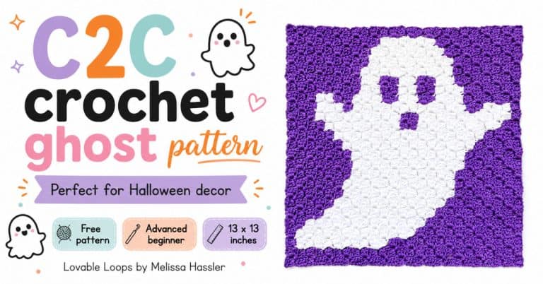 Featured image for a C2C crochet ghost pattern showing a white ghost square on a purple background beside colorful text, plus callouts that say free pattern, advanced beginner, and 13 x 13 inches.